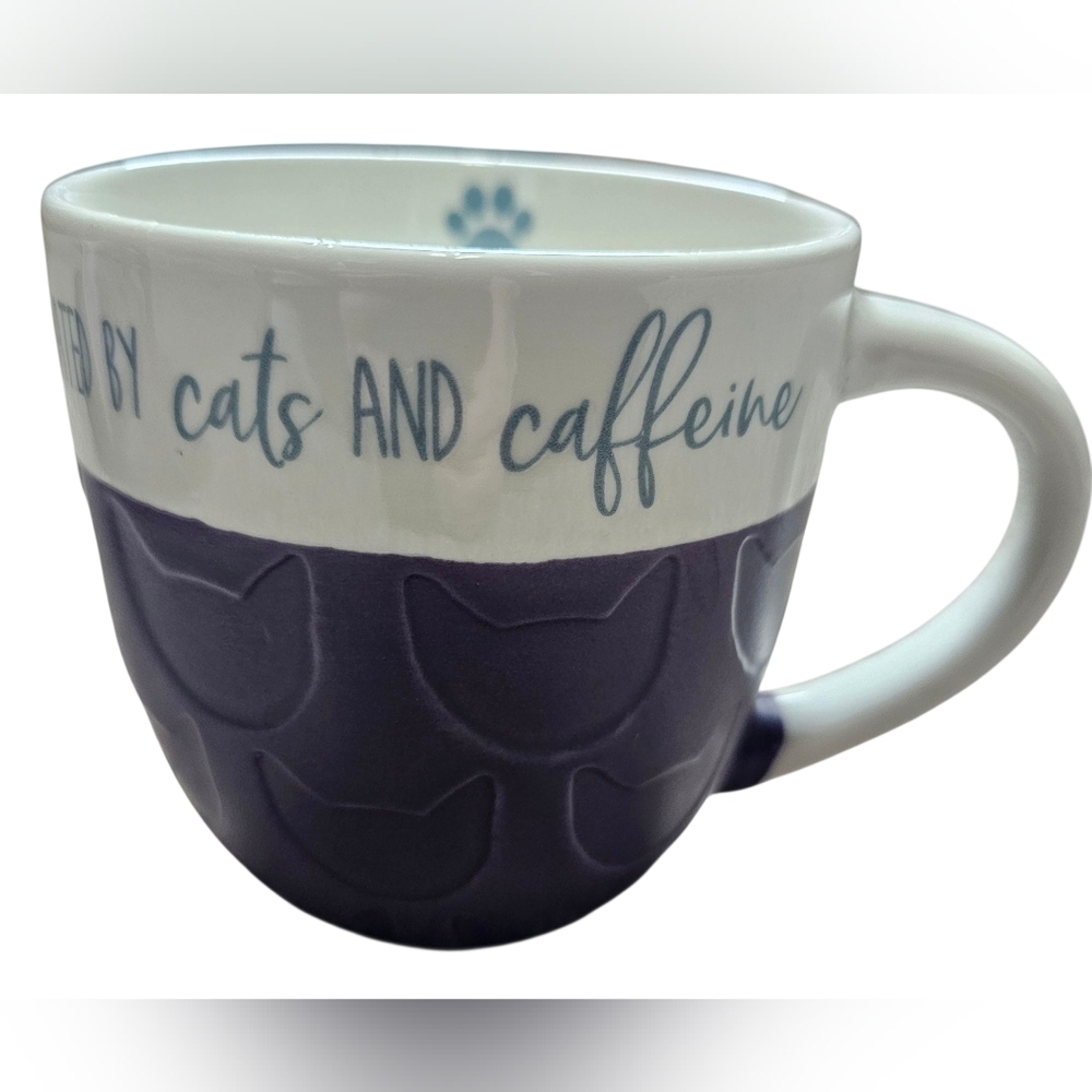 Pfaltzgraff Purple and White Large Cat Mug. "Motivated By Cats And Caffeine" New